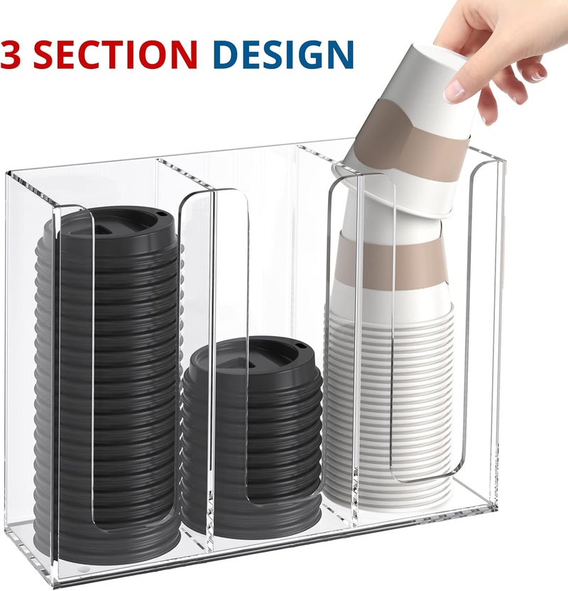 KOTEMON Acrylic Cup and Lid Holder, 3 Compartment, Disposable Coffee Cup Dispenser Cup Storage Organizer, Clear - Image 2